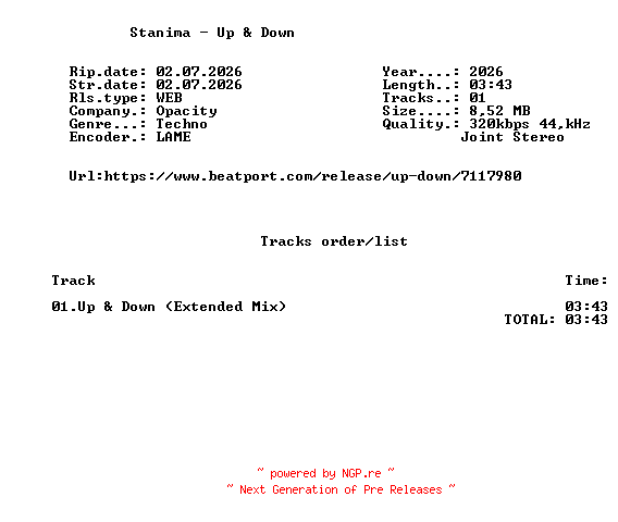 NFO for the release Stanima_-_Up_And_Down-(OPC013PRO)-SINGLE-WEB-2026-FMC by FMC