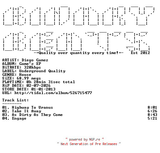 NFO for the release Diego_Gamez-Gamez_EP-(UQ-052)-WEB-2013-BB by BB