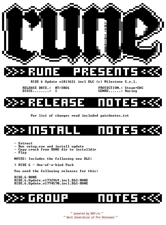 NFO for the release RIDE.6.Update.v1813621.incl.DLC-RUNE by RUNE