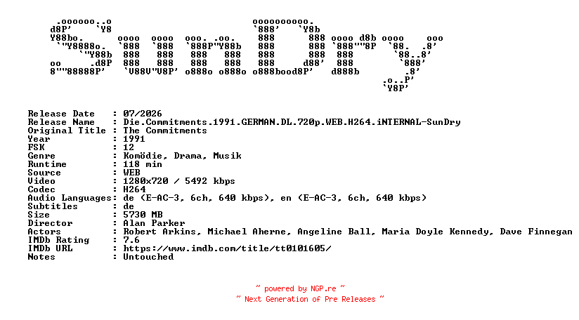 NFO for the release Die.Commitments.1991.GERMAN.DL.720p.WEB.H264.iNTERNAL-SunDry by SunDry