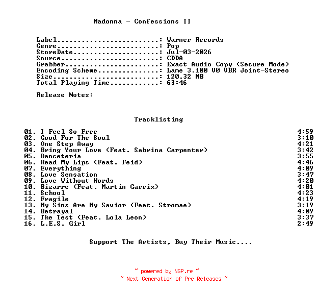 NFO for the release Madonna-Confessions_II-2026-C4 by C4