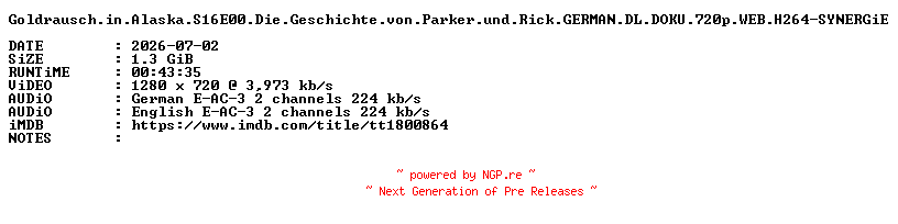 NFO for the release Goldrausch.in.Alaska.S16E00.Die.Geschichte.von.Parker.und.Rick.GERMAN.DL.DOKU.720p.WEB.H264-SYNERGiE by SYNERGiE