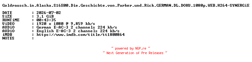 NFO for the release Goldrausch.in.Alaska.S16E00.Die.Geschichte.von.Parker.und.Rick.GERMAN.DL.DOKU.1080p.WEB.H264-SYNERGiE by SYNERGiE