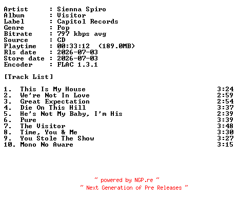 NFO for the release Sienna_Spiro-Visitor-CD-FLAC-2026-PERFECT by PERFECT