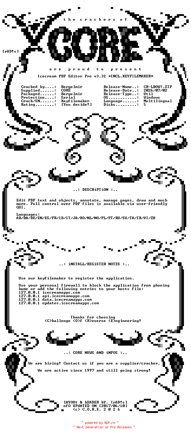 NFO for the release Icecream.PDF.Editor.Pro.v3.32.Multilingual.Incl.Keyfilemaker-CORE by CORE