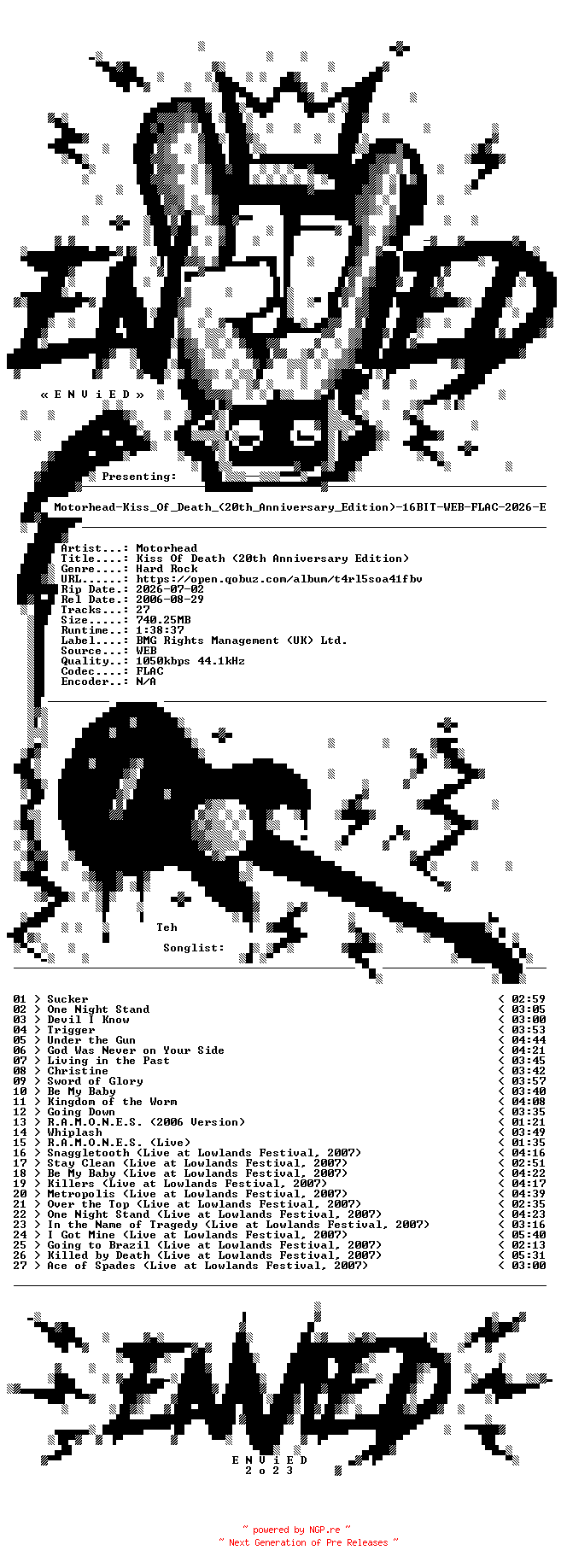 NFO for the release Motorhead-Kiss_Of_Death_(20th_Anniversary_Edition)-16BIT-WEB-FLAC-2026-ENViED by ENViED