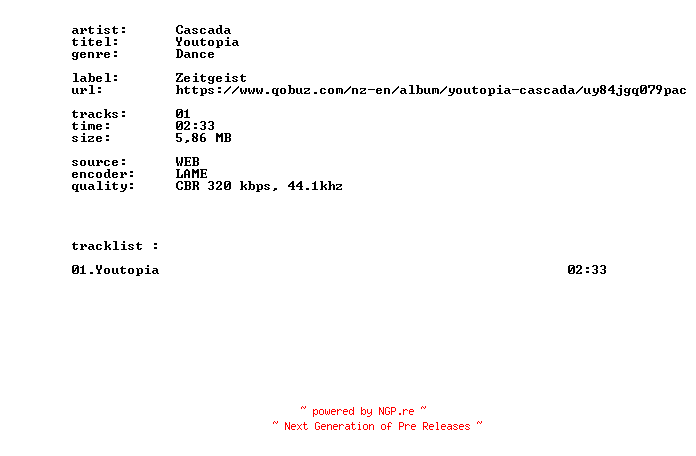 NFO for the release Cascada_-_Youtopia-SINGLE-WEB-2026-BITCOINS by BITCOINS