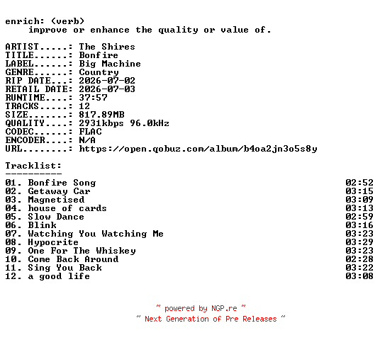 NFO for the release The_Shires-Bonfire-24BIT-WEB-FLAC-2026-ENRiCH by ENRiCH