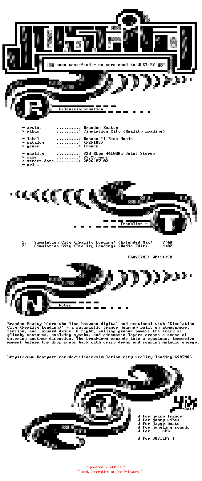 NFO for the release Brandon_Beatty_-_Simulation_City_(Reality_Loading)-(R2R183)-WEB-2026-JUSTiFY by JUSTiFY