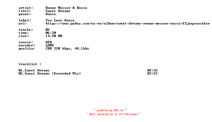 NFO for the release Roman_Messer_And_Rocco_-_Sweet_Dreams-WEB-2026-BITCOINS by BITCOINS