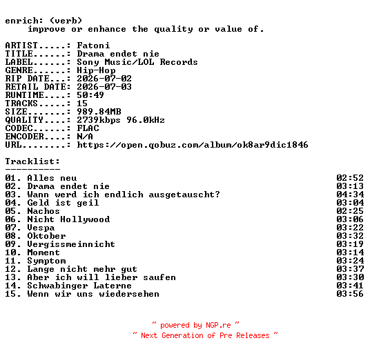 NFO for the release Fatoni-Drama_endet_nie-DE-24BIT-WEB-FLAC-2026-ENRiCH by ENRiCH