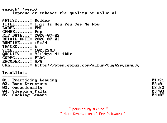 NFO for the release Dolder-This_Is_How_You_See_Me_Now-EP-16BIT-WEB-FLAC-2026-ENRiCH by ENRiCH