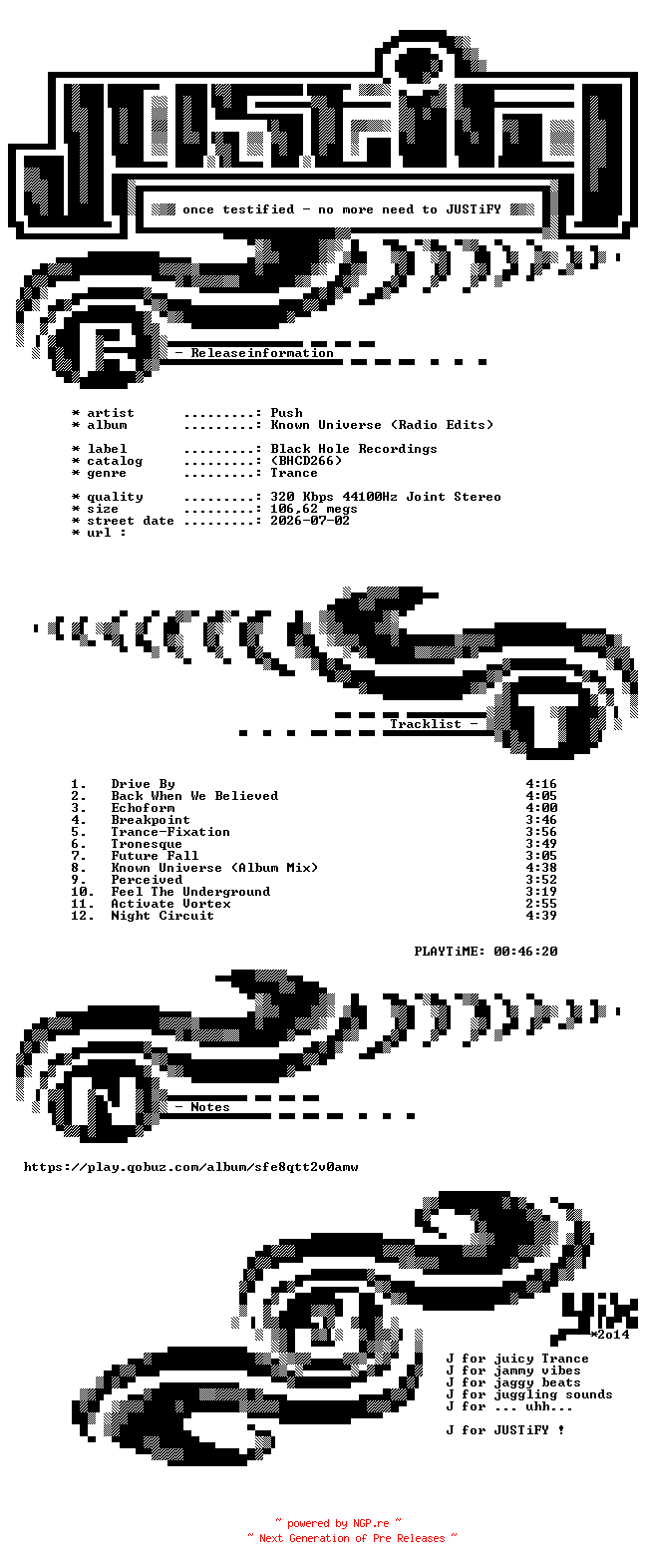 NFO for the release Push_-_Known_Universe_(Radio_Edits)-(BHCD266)-WEB-2026-JUSTiFY by JUSTiFY
