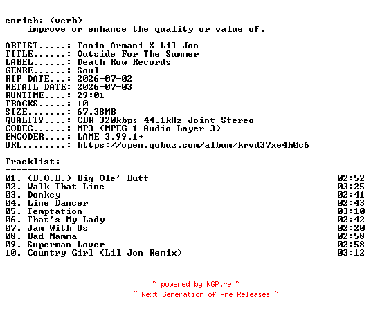 NFO for the release Tonio_Armani_X_Lil_Jon-Outside_For_The_Summer-WEB-2026-ENRiCH by ENRiCH
