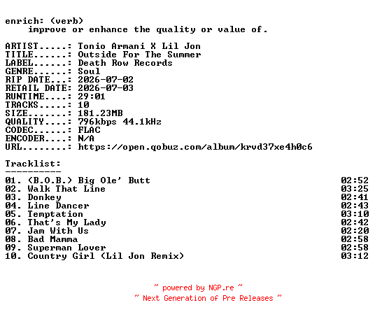 NFO for the release Tonio_Armani_X_Lil_Jon-Outside_For_The_Summer-16BIT-WEB-FLAC-2026-ENRiCH by ENRiCH