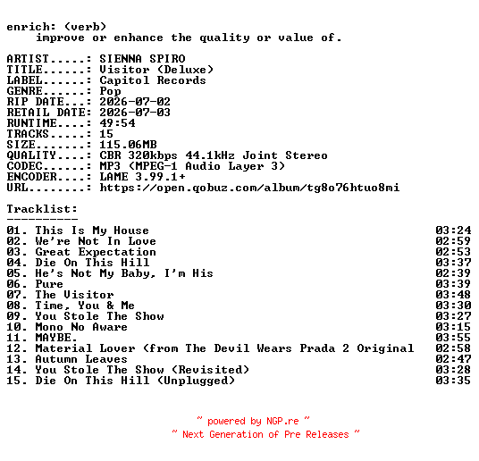 NFO for the release SIENNA_SPIRO-Visitor_(Deluxe)-WEB-2026-ENRiCH by ENRiCH