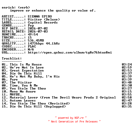 NFO for the release SIENNA_SPIRO-Visitor_(Deluxe)-24BIT-WEB-FLAC-2026-ENRiCH by ENRiCH