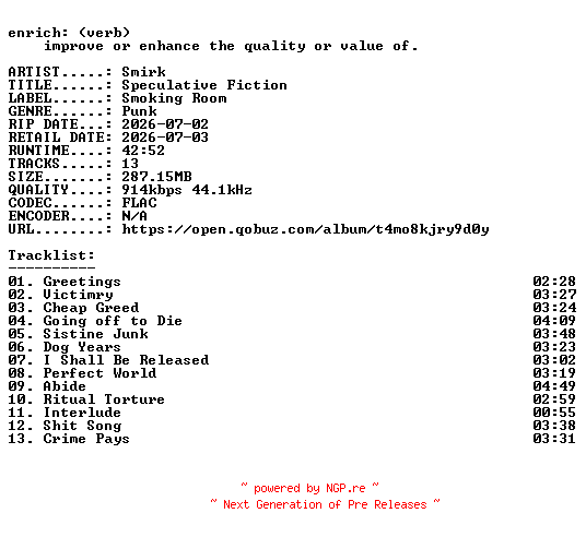 NFO for the release Smirk-Speculative_Fiction-16BIT-WEB-FLAC-2026-ENRiCH by ENRiCH