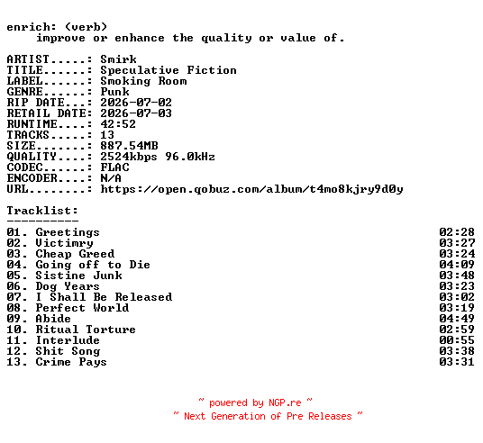 NFO for the release Smirk-Speculative_Fiction-24BIT-WEB-FLAC-2026-ENRiCH by ENRiCH