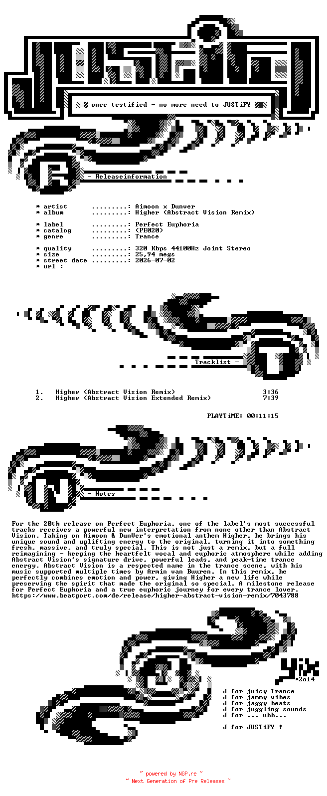NFO for the release Aimoon_x_Dunver_-_Higher_(Abstract_Vision_Remix)-(PE020)-WEB-2026-JUSTiFY by JUSTiFY