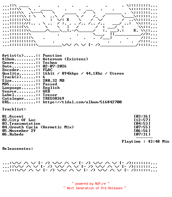 NFO for the release Function-Aeternum_Existenz-TRESOR369-16BIT-WEB-FLAC-2026-WAVED by WAVED