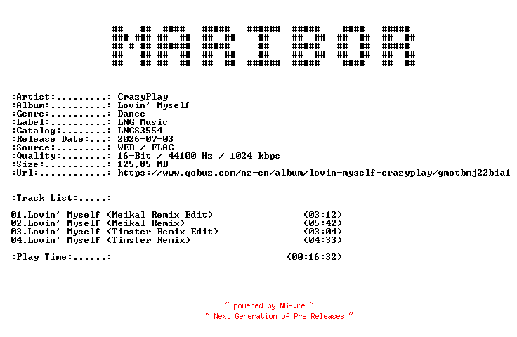 NFO for the release CrazyPlay-Lovin_Myself-(LNGS3554)-16BIT-WEB-FLAC-2026-MARiBOR by MARiBOR