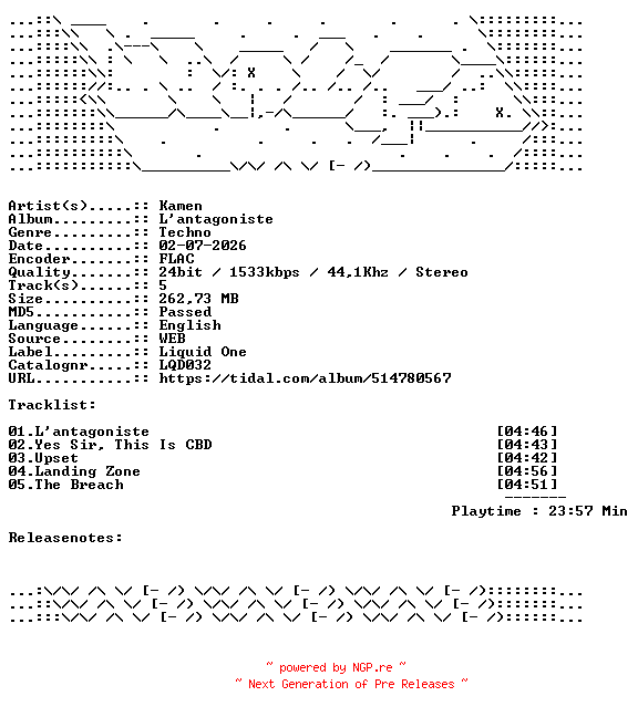NFO for the release Kamen-Lantagoniste-LQD032-24BIT-WEB-FLAC-2026-WAVED by WAVED