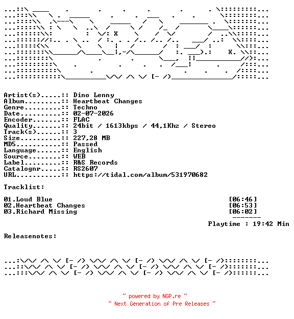 NFO for the release Dino_Lenny-Heartbeat_Changes-RS2607-24BIT-WEB-FLAC-2026-WAVED by WAVED