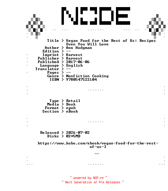 NFO for the release Ann.Hodgman.Vegan.Food.for.the.Rest.of.Us.Recipes.Even.You.Will.Love.2017.RETAiL.EPUB.eBook-NODE by NODE