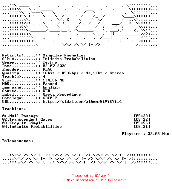 NFO for the release Singular_Anomalies-Infinite_Probabilities-GRT037-16BIT-WEB-FLAC-2026-WAVED by WAVED