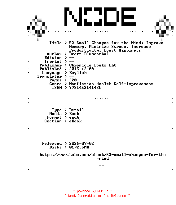 NFO for the release Brett.Blumenthal.52.Small.Changes.for.the.Mind.Improve.Memory.Minimize.Stress.Increase.Productivity.Boost.Happiness.2015.RETAiL.EPUB.eBook-NODE by NODE