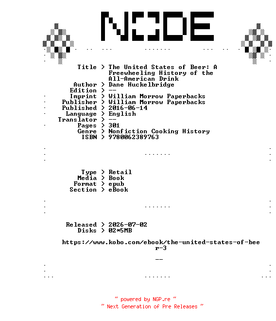 NFO for the release Dane.Huckelbridge.The.United.States.of.Beer.A.Freewheeling.History.of.the.All-American.Drink.2016.RETAiL.EPUB.eBook-NODE by NODE
