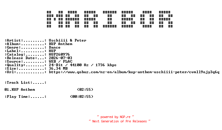 NFO for the release Uschiiii_and_Peter-KUP_Anthem-(HUP260976)-SINGLE-24BIT-WEB-FLAC-2026-MARiBOR by MARiBOR