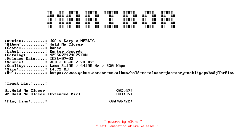 NFO for the release JOA_x_Sary_x_NEBLIG-Hold_Me_Closer-(4255677174875KON)-WEB-2026-MARiBOR by MARiBOR