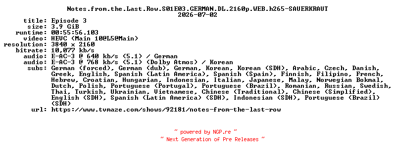 NFO for the release Notes.from.the.Last.Row.S01E03.GERMAN.DL.2160p.WEB.h265-SAUERKRAUT by SAUERKRAUT