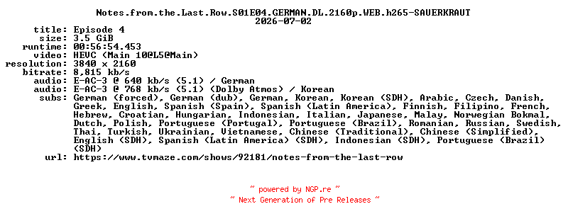 NFO for the release Notes.from.the.Last.Row.S01E04.GERMAN.DL.2160p.WEB.h265-SAUERKRAUT by SAUERKRAUT