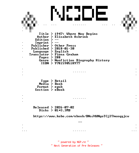 NFO for the release Elisabeth.Asbrink.1947.Where.Now.Begins.2018.RETAiL.EPUB.eBook-NODE by NODE
