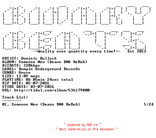 NFO for the release Dominic_Bullock-Someone_New_(Deano_DNA_ReRub)-(BU286)-SINGLE-WEB-2026-BB by BB