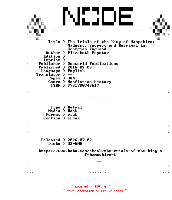NFO for the release Elizabeth.Foyster.The.Trials.of.the.King.of.Hampshire.Madness.Secrecy.and.Betrayal.in.Georgian.England.2016.RETAiL.EPUB.eBook-NODE by NODE