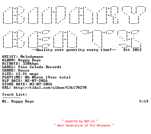 NFO for the release Melodymann-Happy_Days-(PCR524)-SINGLE-WEB-2026-BB by BB