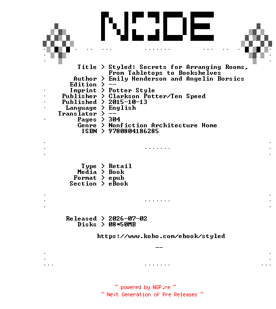NFO for the release Emily.Henderson.and.Angelin.Borsics.Styled.Secrets.for.Arranging.Rooms.From.Tabletops.to.Bookshelves.2015.RETAiL.EPUB.eBook-NODE by NODE
