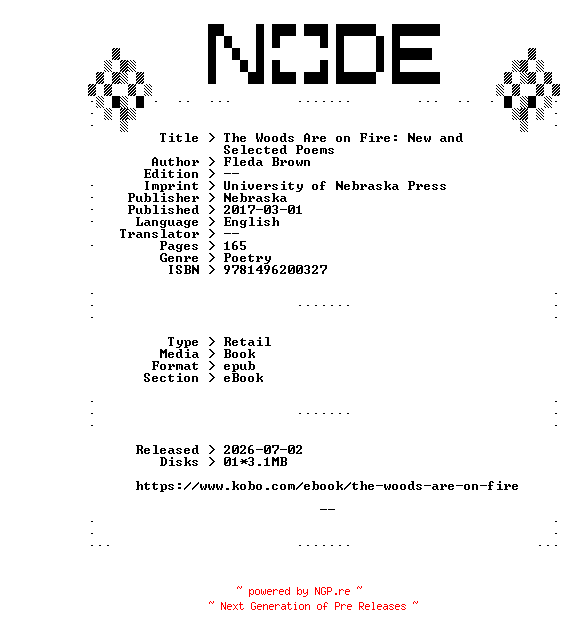 NFO for the release Fleda.Brown.The.Woods.Are.on.Fire.New.and.Selected.Poems.2017.RETAiL.EPUB.eBook-NODE by NODE