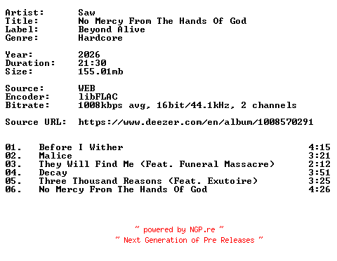 NFO for the release Saw-No_Mercy_From_The_Hands_Of_God-16BIT-WEB-FLAC-2026-VEXED by VEXED