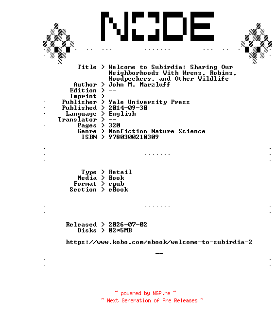 NFO for the release John.M.Marzluff.Welcome.to.Subirdia.Sharing.Our.Neighborhoods.With.Wrens.Robins.Woodpeckers.and.Other.Wildlife.2014.RETAiL.EPUB.eBook-NODE by NODE