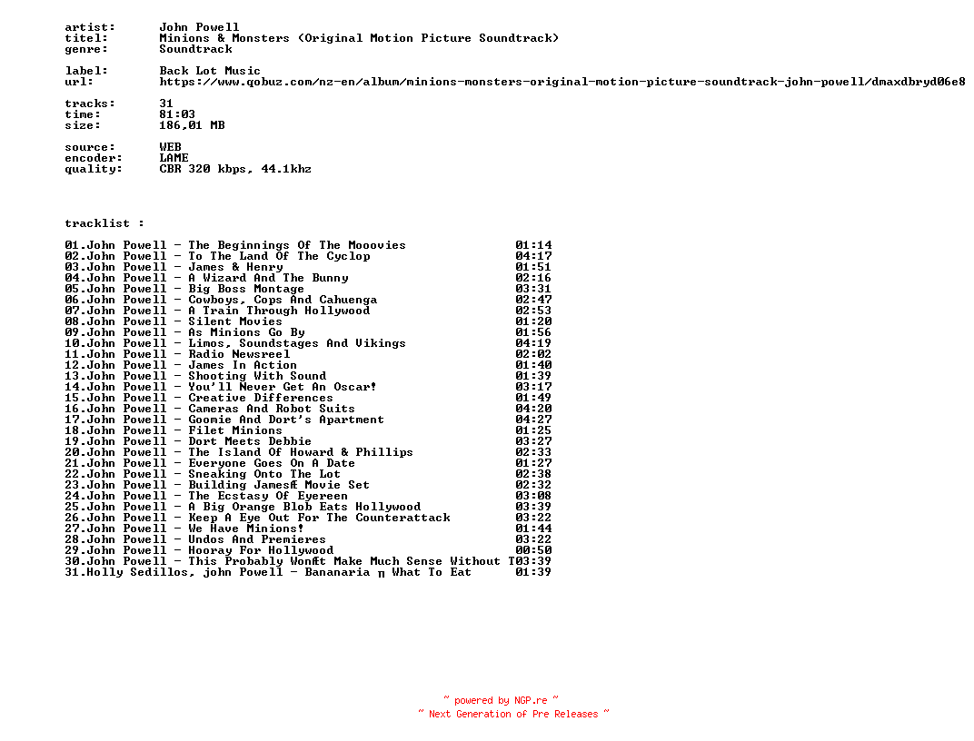 NFO for the release John_Powell_-_Minions_And_Monsters_(Original_Motion_Picture_Soundtrack)-OST-WEB-2026-BITCOINS by BITCOINS