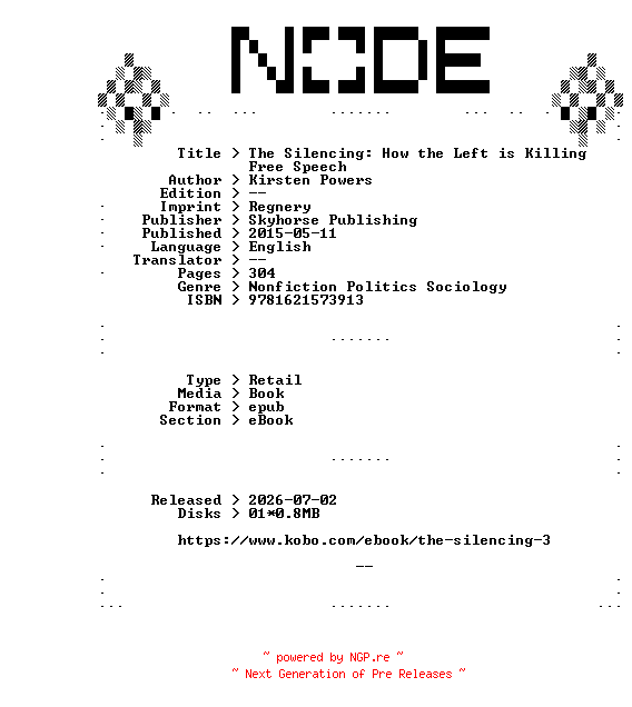 NFO for the release Kirsten.Powers.The.Silencing.How.the.Left.is.Killing.Free.Speech.2015.RETAiL.EPUB.eBook-NODE by NODE