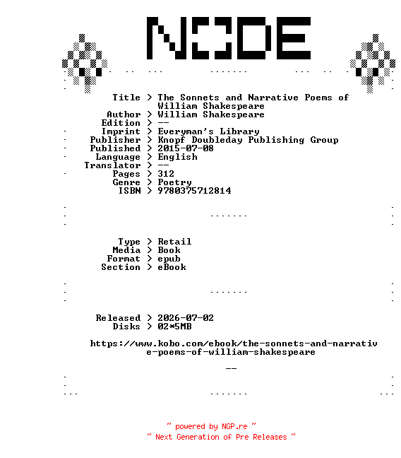 NFO for the release Knopf.Doubleday.Publishing.Group.The.Sonnets.and.Narrative.Poems.of.William.Shakespeare.2015.RETAiL.EPUB.eBook-NODE by NODE