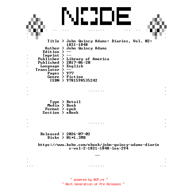 NFO for the release Library.of.America.John.Quincy.Adams.Diaries.Vol.02.1821-1848.2017.RETAiL.EPUB.eBook-NODE by NODE