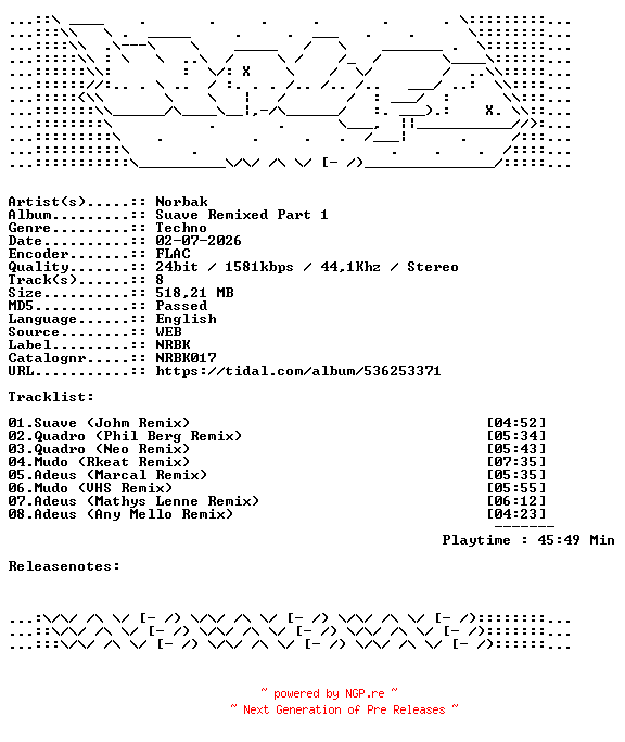 NFO for the release Norbak-Suave_Remixed_Part_1-NRBK017-24BIT-WEB-FLAC-2026-WAVED by WAVED