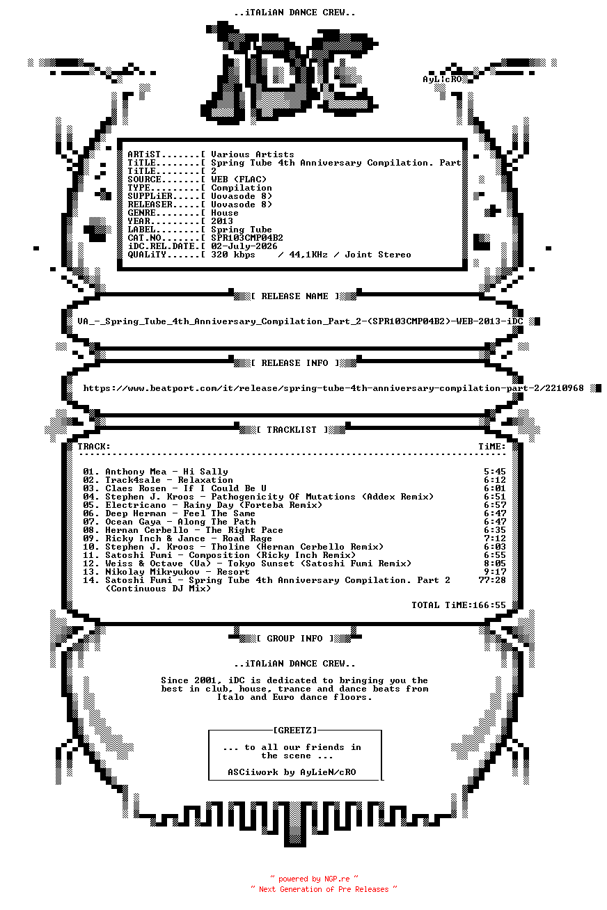 NFO for the release VA_-_Spring_Tube_4th_Anniversary_Compilation_Part_2-(SPR103CMP04B2)-WEB-2013-iDC by iDC